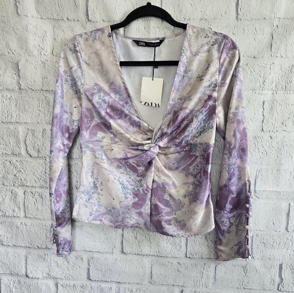 Zara Purple Marble Satin Effect Long Sleeve Blouse NWT Small